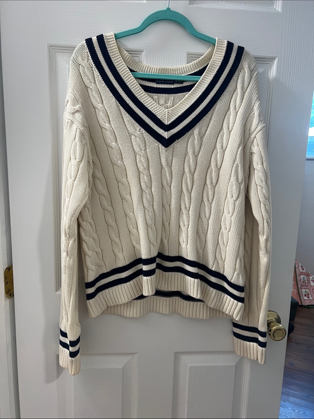 Polo by Ralph Lauren Cream Cable Knit V-Neck Sweater with Navy Trim